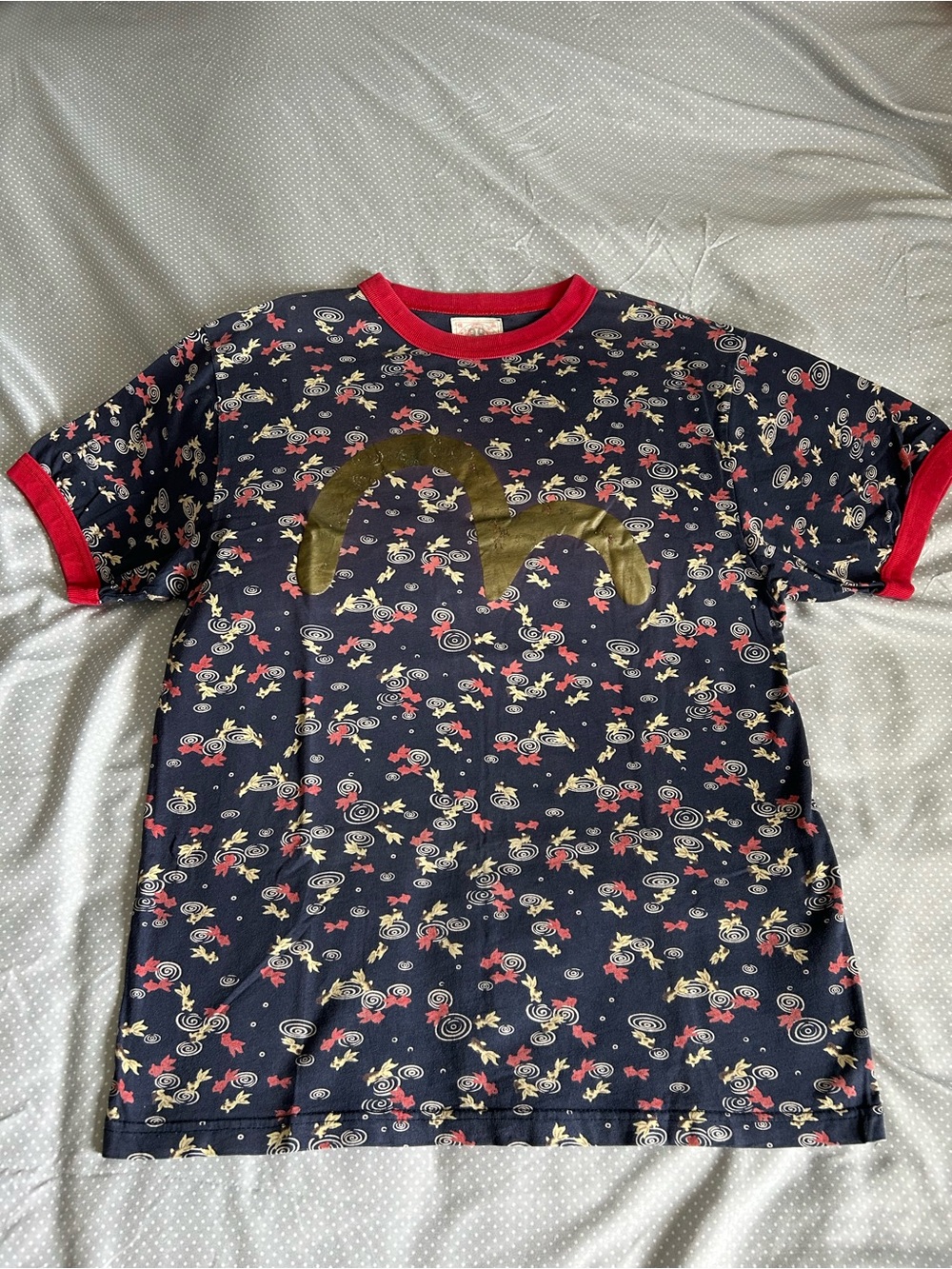 Vintage Evisu Navy Graphic Short Sleeve Tee with Red Trim
